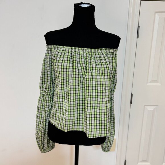 Topshop Check Off the Shoulder Top Green Check Pattern - Size 10 -‎ NWT - Picture 2 of 7